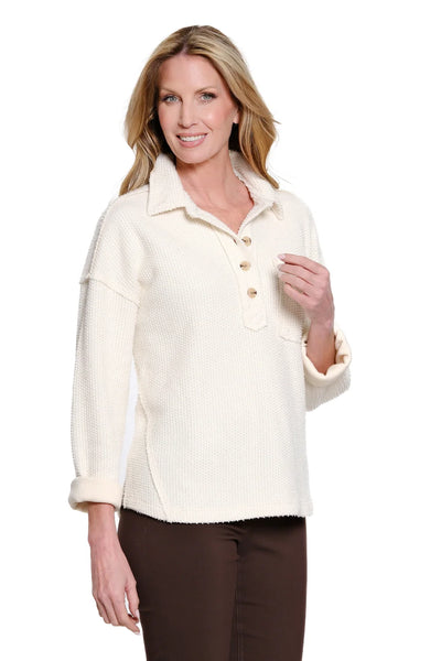 Winter White Button-Placket Hi-Lo Knit Top