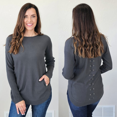 Charlie B Knit Sweater with Back Lace-up Detail in Emerald