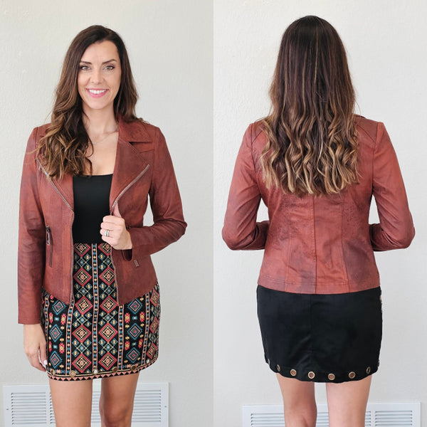 Charlie B Vintage Faux Leather Perfecto Jacket in Cinnamon