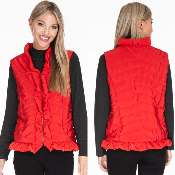 Multiples Ruffle Trim Quilted Vest In Wh/Bl