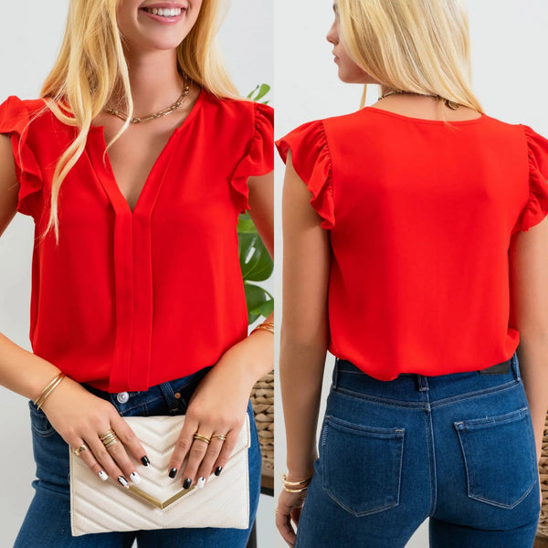 Red Split Neck Ruffle Blouse