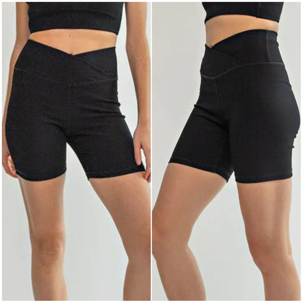 Black Rib Knit Cross Waist Biker Short