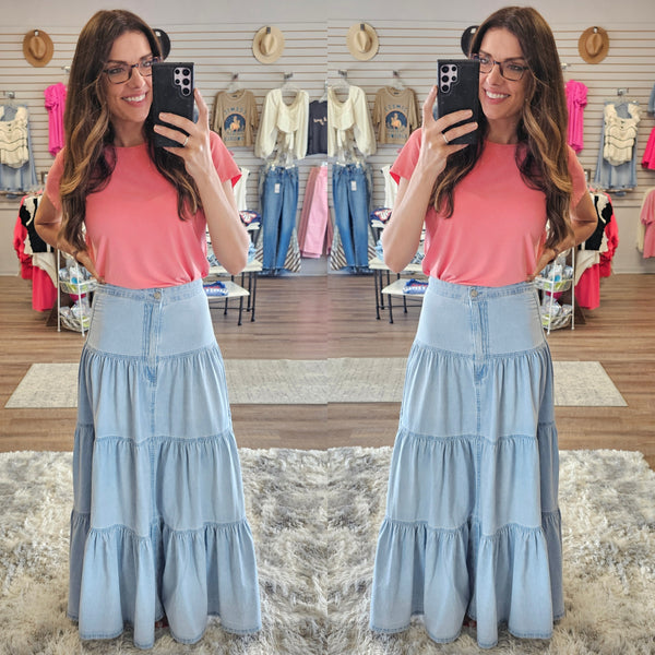 KanCan Tiered Maxi Denim Skirt