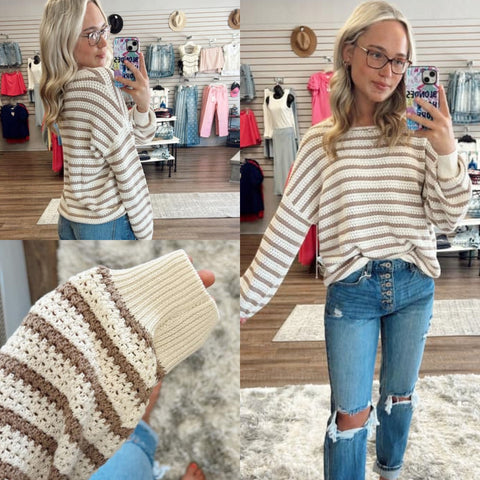 Tan and Cream Striped Knitted Sweater