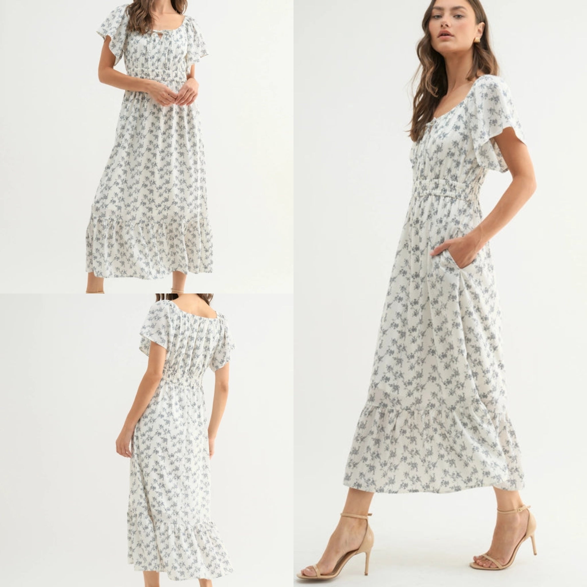 Off White FLoral Flutter Sleeve Midi Dress