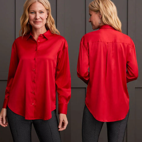 Tribal Satin Button-Up Shirt in Scarlet