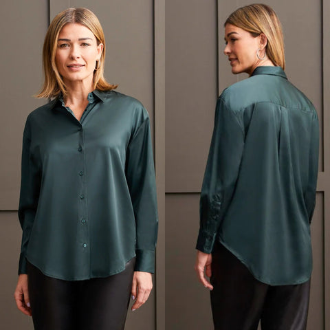 Tribal Satin Button-Up Shirt in Alpine Green