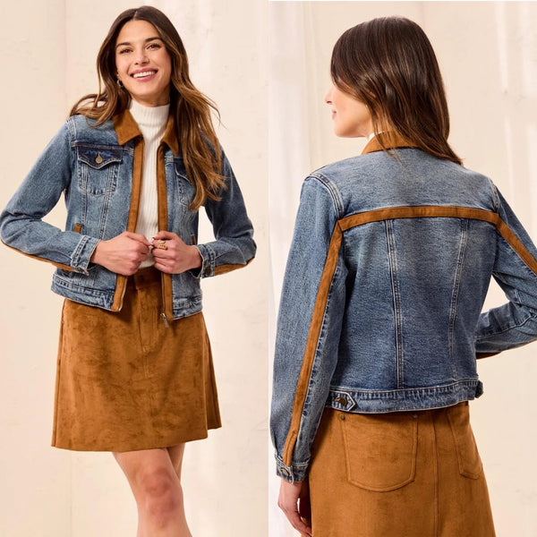 Tribal Retro Denim Jacket With Suede Trim