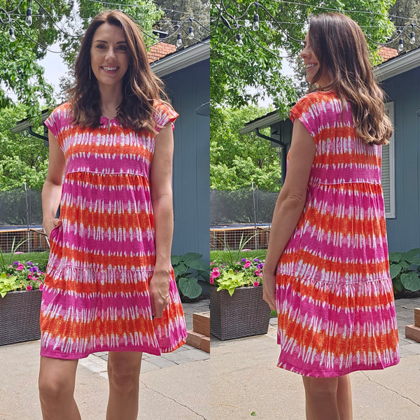 Multiples Pink Striped Tiered Dress