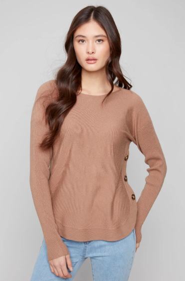 Charlie B. Truffle Boat Neck Button Detail Top