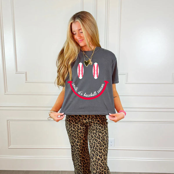 Smiley Face Baseball Cropped T-Shirt