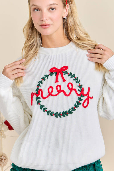 Merry Embroidered Christmas Wreath Sweater