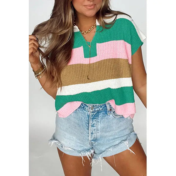 Colorblock Striped Knit Shortsleeve Sweater