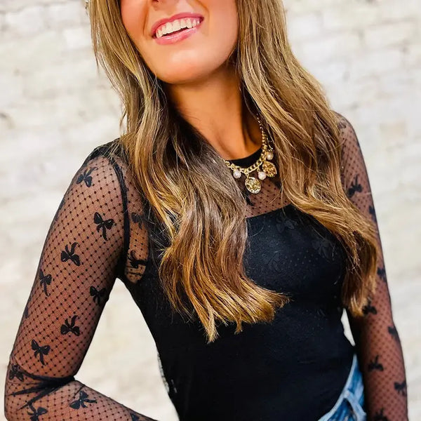 Black Bow Pattern Accent Mesh Long Sleeve Top