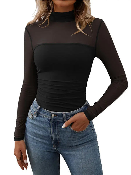 Women's Half High Neck Long Sleeve Mesh Top