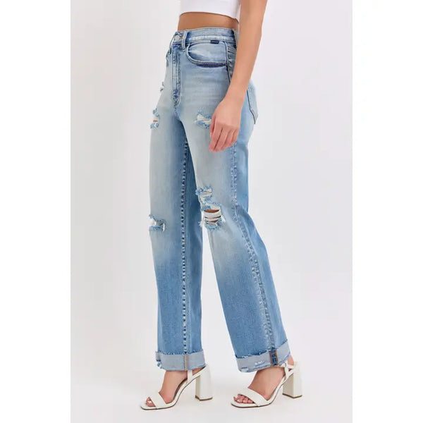 Cello High Rise Cuffed Distressed Dad Jeans