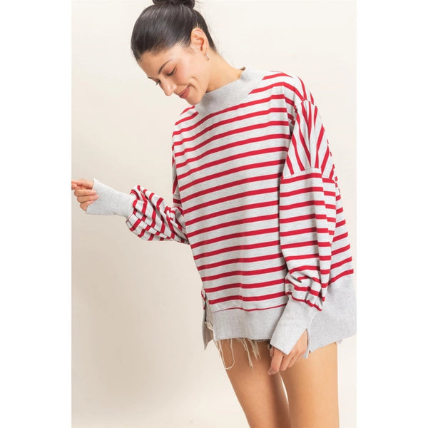 HYFVE Red and Gray Striped Long Sleeve Mock Neck