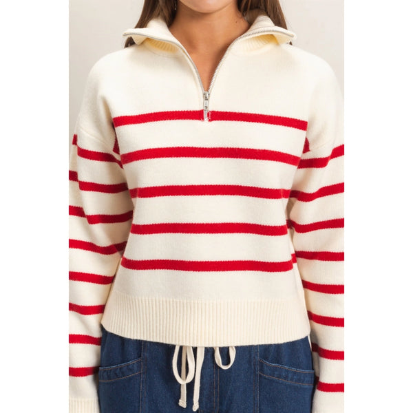 Half-Zip Collared Stripe Sweater- Red