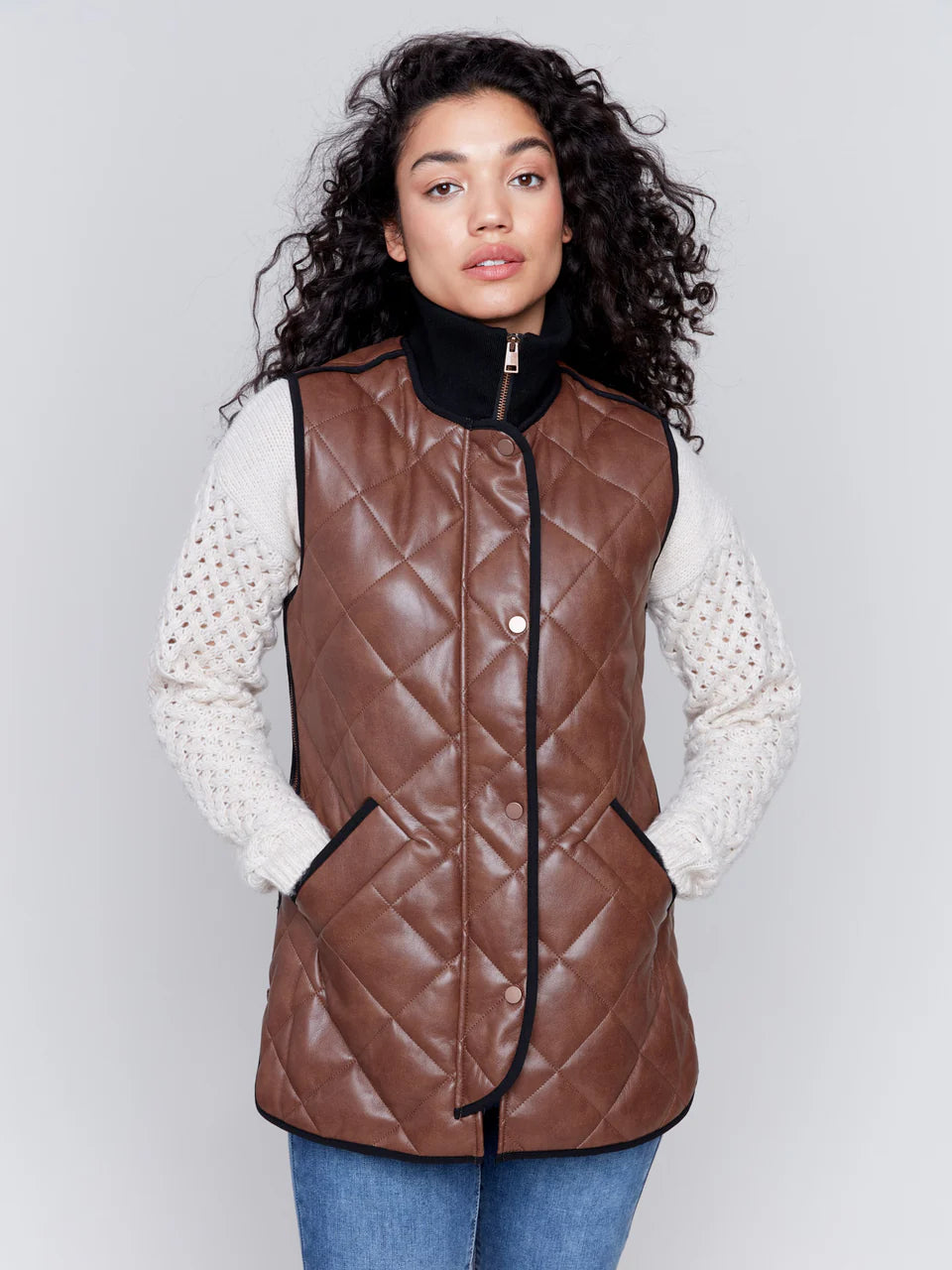 Charlie B Quilted Faux Leather Vest  in Brandy