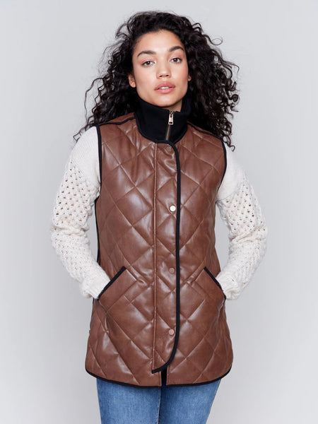 Charlie B Quilted Faux Leather Vest  in Brandy