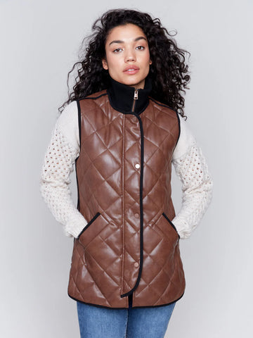 Charlie B Quilted Faux Leather Vest  in Brandy