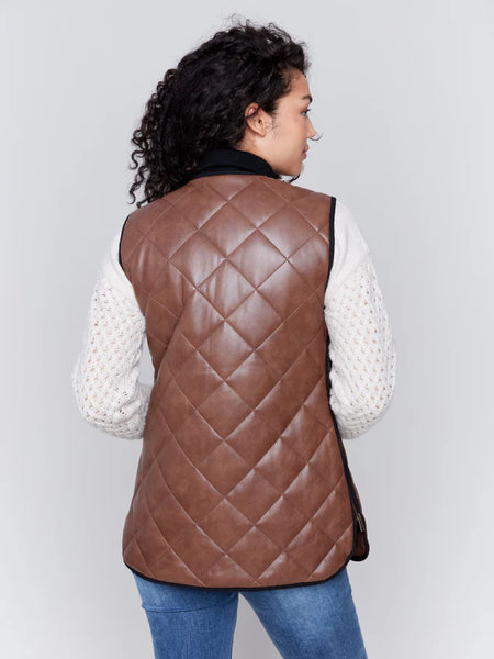 Charlie B Quilted Faux Leather Vest  in Brandy