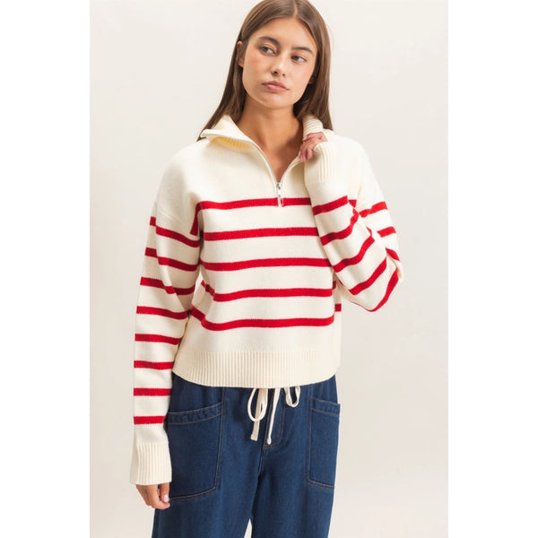Half-Zip Collared Stripe Sweater- Red