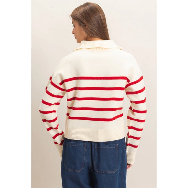 Half-Zip Collared Stripe Sweater- Red