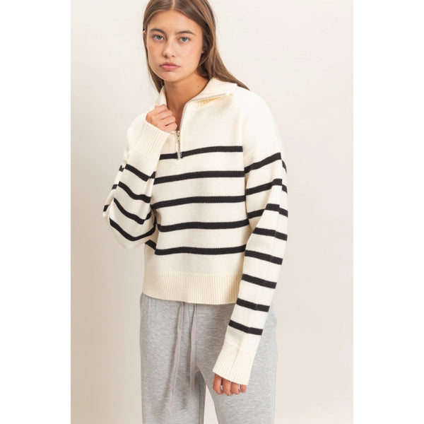 Half-Zip Collared Stripe Sweater- Black