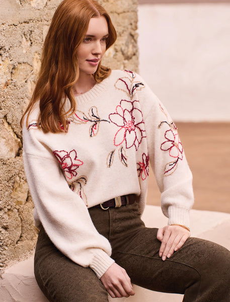 Tribal Eyelash Embroidered Crew Neck Sweater