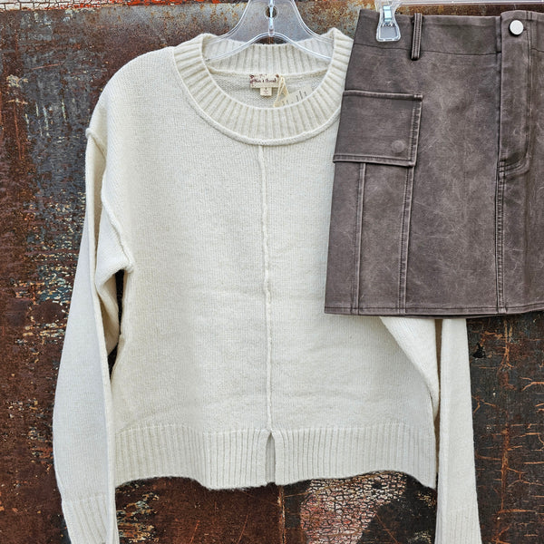 Ivory Front Slit Crewneck Sweater