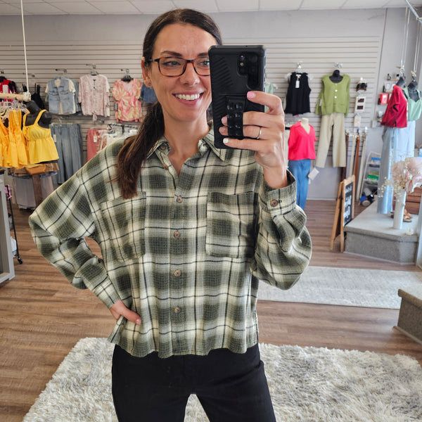 Olive Plaid Button Down Top