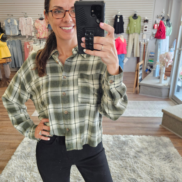 Olive Plaid Button Down Top