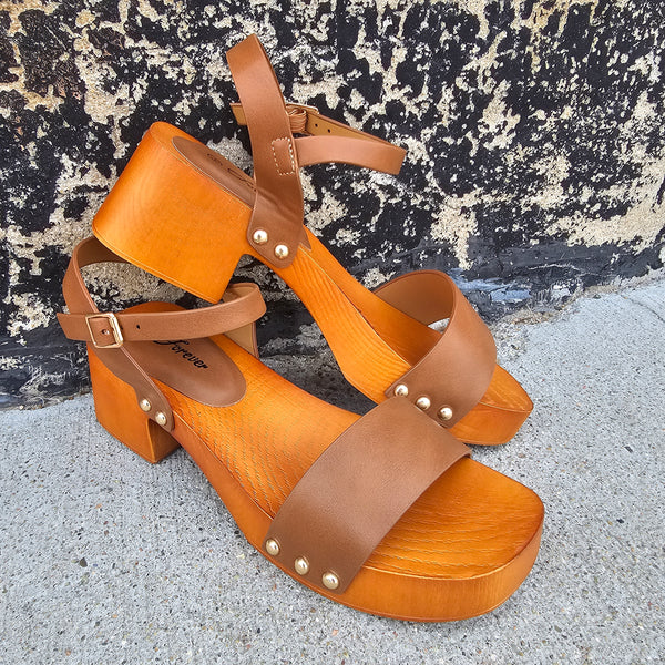 Wood Platform Leather Sandal- Brown