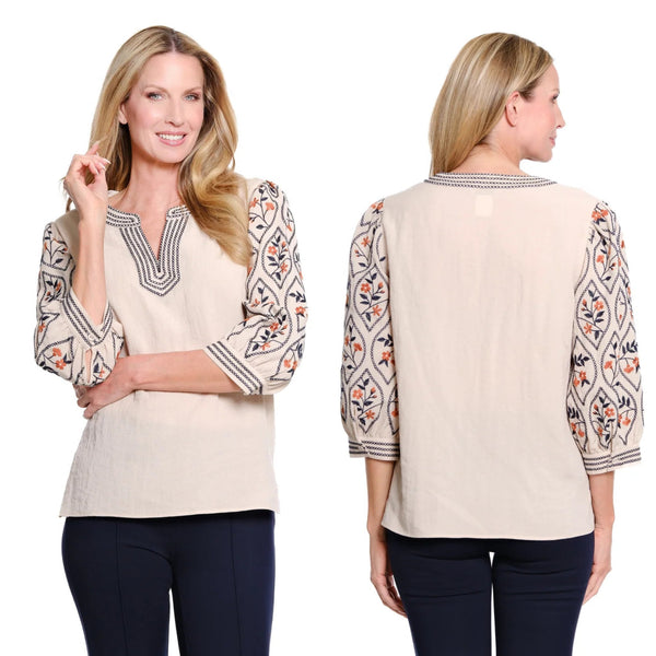 Multiples Puff Sleeve Embroidered Top