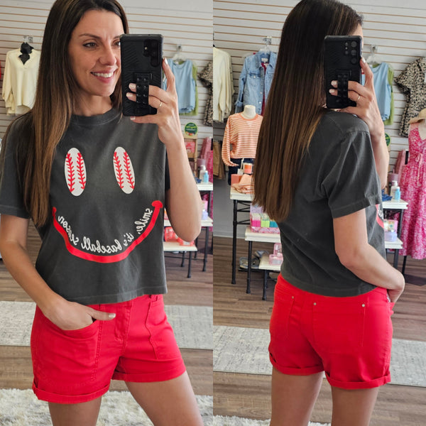 Smiley Face Baseball Cropped T-Shirt
