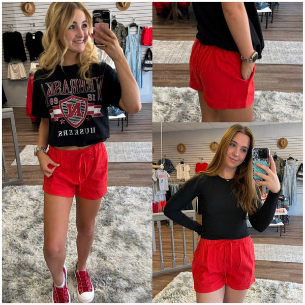 Cherry Red Cotton Twill Shorts