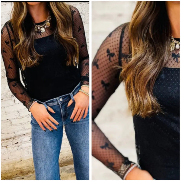 Black Bow Pattern Accent Mesh Long Sleeve Top