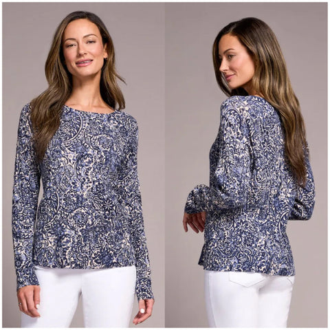 Tribal Printed Cable Cotton Crew Neck Sweater