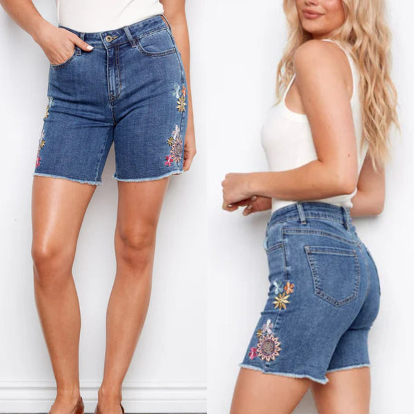 Charlie B Embroidered Denim Shorts
