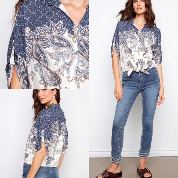 Charlie B Linen Blend Front-Tie Blouse