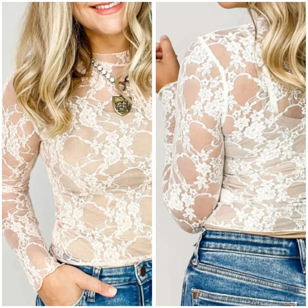 White Sheer Lace Mesh Mock Neck Slim Fit Long Sleeve Top
