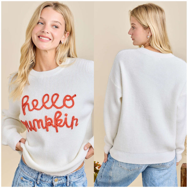 Hello Pumpkin Embroidered Knit Sweater