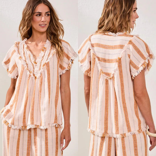 Tribal Linen V-Neck Short-Sleeve Blouse