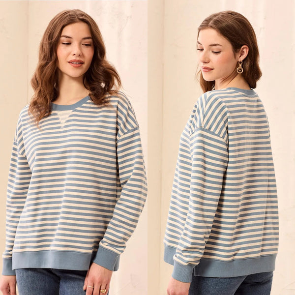 Tribal Blue Stripe Crew Neck Knit Top