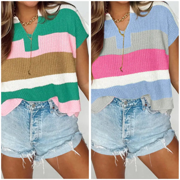 Colorblock Striped Knit Shortsleeve Sweater