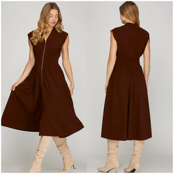 Wine Corduroy Midi Dress With Pockets