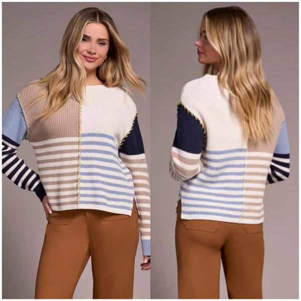 Tribal Multi Stripe Textured Boat Neck Sweater