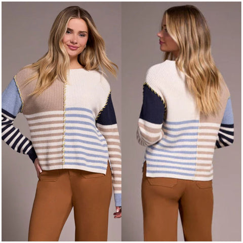Tribal Multi Stripe Textured Boat Neck Sweater
