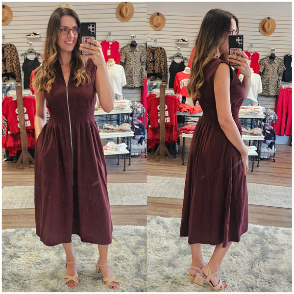Wine Corduroy Midi Dress With Pockets